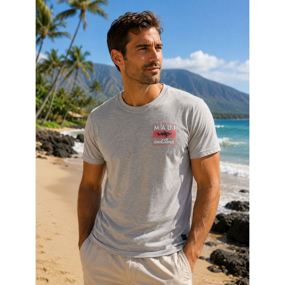 Maui And Sons Retro Unisex T-Shirt Beach Surfing Shark Logo Gray Size Medium